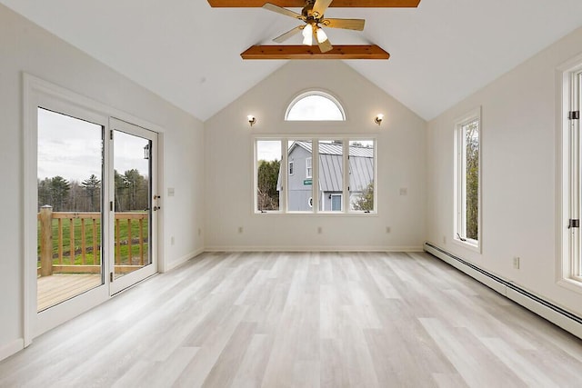 empty room featuring a baseboard radiator, beam ceiling, light wood-style floors, ceiling fan, and high vaulted ceiling