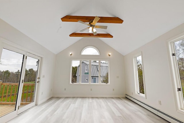 unfurnished room featuring baseboard heating, plenty of natural light, light wood-type flooring, and a ceiling fan
