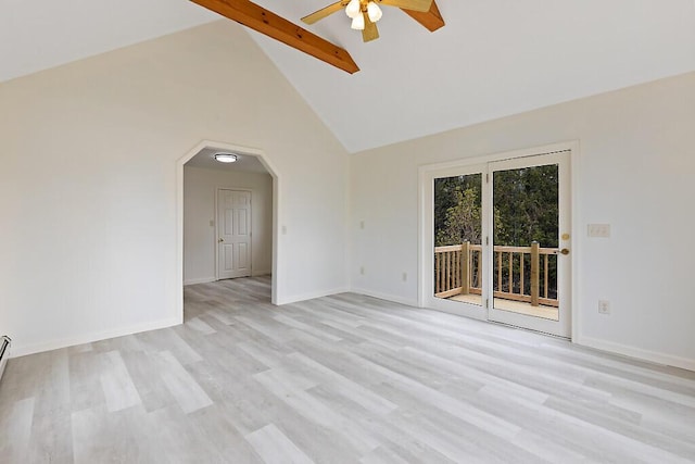 unfurnished room with beam ceiling, ceiling fan, light wood-style floors, high vaulted ceiling, and arched walkways