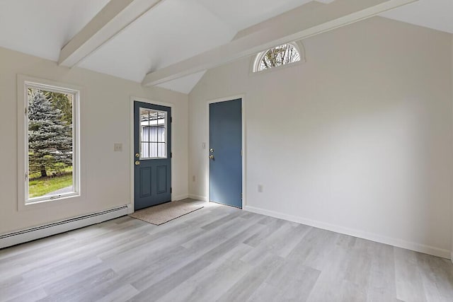 foyer with light wood-style floors, a baseboard heating unit, and baseboards