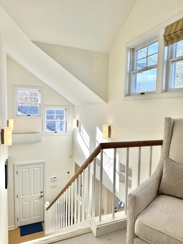 54 Village Way Unit 54, Rockport, ME 04856 - staircase featuring high vaulted ceiling and wood finished floors