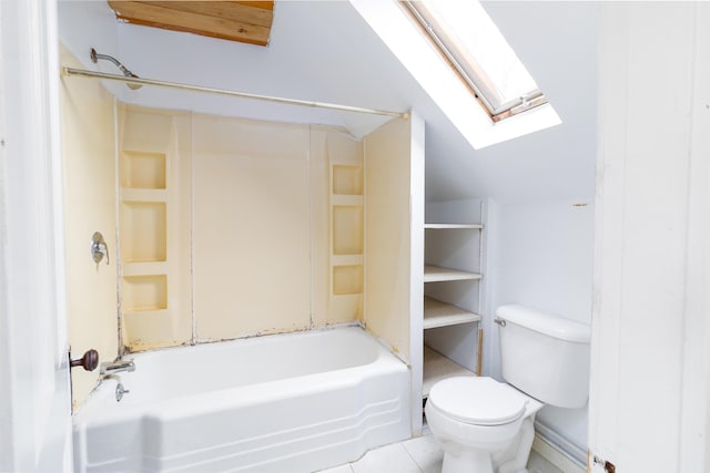 full bath with a skylight, toilet, and tub / shower combination