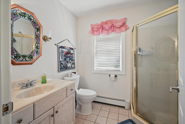 20 Eagle Point Rd, Bath, ME 04530 - full bath with a baseboard radiator, vanity, tile patterned floors, a shower stall, and toilet