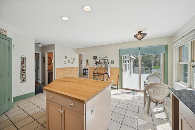 20 Eagle Point Rd, Bath, ME 04530 - kitchen with wooden counters, light tile patterned floors, wainscoting, baseboard heating, and recessed lighting
