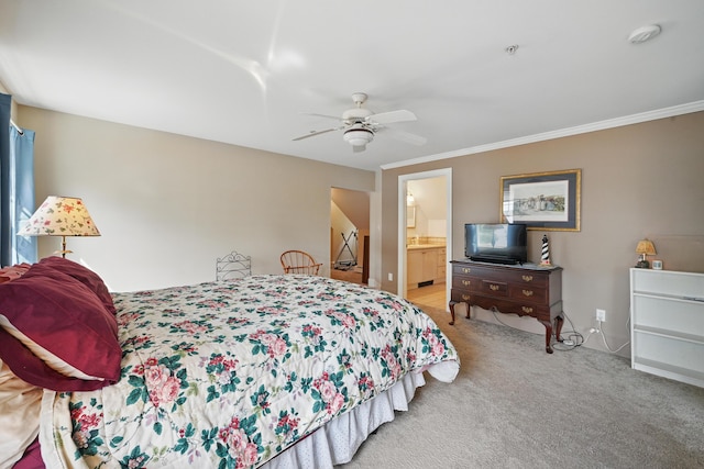 20 Eagle Point Rd, Bath, ME 04530 - carpeted bedroom with ornamental molding, a ceiling fan, and ensuite bathroom
