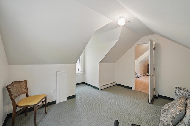 20 Eagle Point Rd, Bath, ME 04530 - additional living space featuring a baseboard radiator, light colored carpet, lofted ceiling, and baseboards