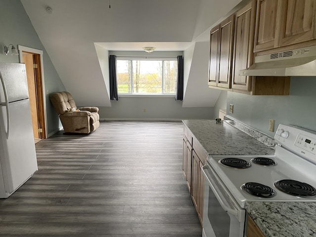 50 Beans Mill Rd, Corinth, ME 04427 - kitchen featuring white appliances, under cabinet range hood, dark wood-style flooring, and light stone counters