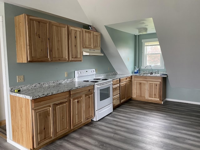 50 Beans Mill Rd, Corinth, ME 04427 - kitchen featuring white electric range, under cabinet range hood, dark wood-type flooring, a sink, and vaulted ceiling