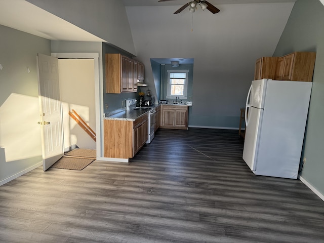 50 Beans Mill Rd, Corinth, ME 04427 - kitchen featuring electric range, freestanding refrigerator, lofted ceiling, ceiling fan, and baseboards