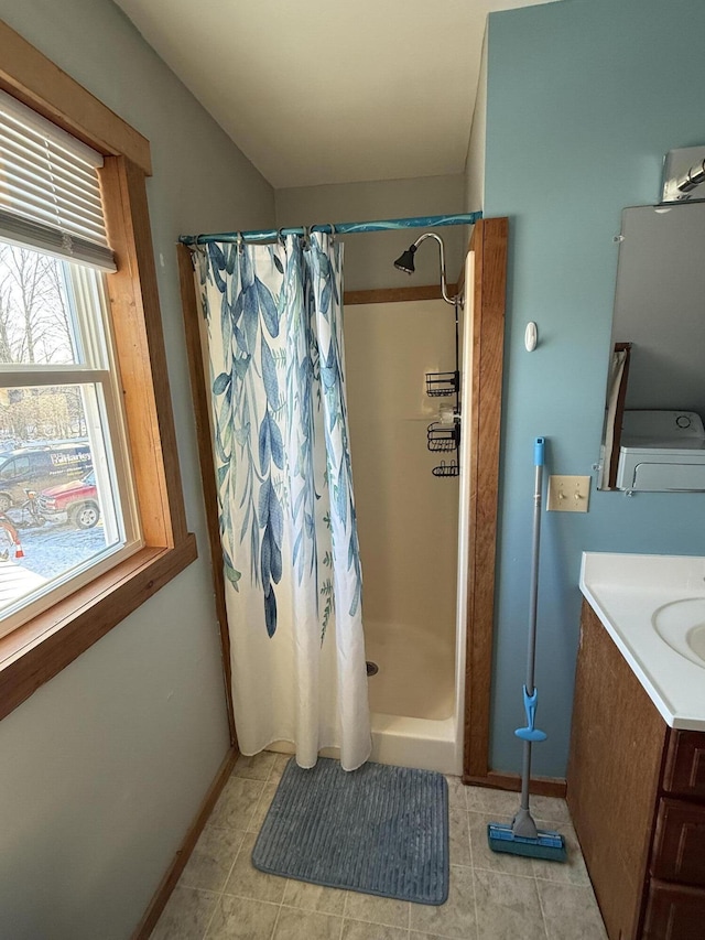 50 Beans Mill Rd, Corinth, ME 04427 - bathroom featuring a stall shower, tile patterned floors, and vanity