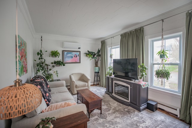 living area featuring a wall unit AC, ornamental molding, baseboard heating, and a baseboard heating unit