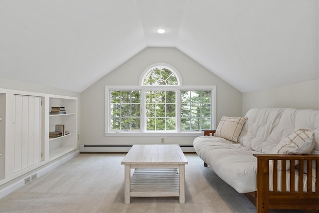 49 Dipper Cove Rd, Harpswell, ME 04066 - living area with baseboard heating, vaulted ceiling, carpet floors, and built in features