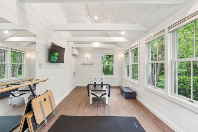 31 Mackworth St, Portland, ME 04103 - sunroom featuring baseboards, healthy amount of natural light, wood finished floors, wood ceiling, and a wall mounted AC
