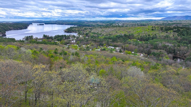 drone / aerial view of a nearby body of water and a heavily wooded area