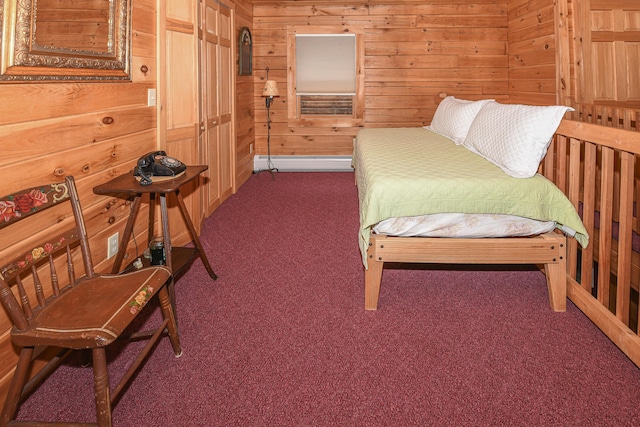 bedroom featuring carpet floors and wooden walls