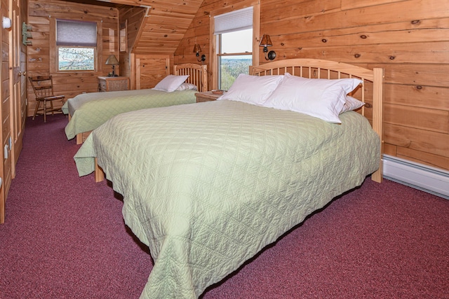 carpeted bedroom featuring wooden walls, vaulted ceiling, and a baseboard radiator