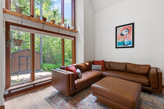 living area with wood finished floors and high vaulted ceiling