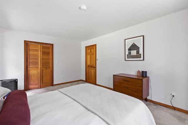 bedroom with carpet flooring, baseboards, and a closet