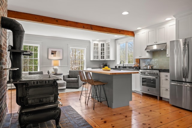 kitchen with appliances with stainless steel finishes, under cabinet range hood, healthy amount of natural light, a breakfast bar, and recessed lighting