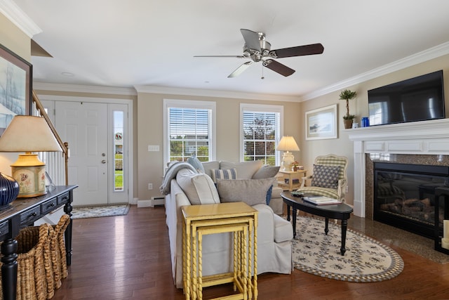 42 Snowberry Dr, Gorham, ME 04038 - living area with dark wood-type flooring, a fireplace, a ceiling fan, ornamental molding, and baseboards