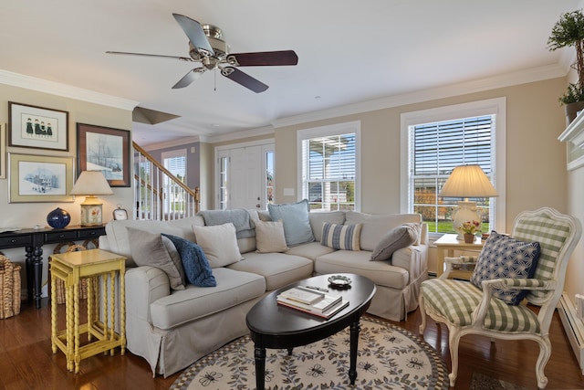 42 Snowberry Dr, Gorham, ME 04038 - living area with ornamental molding, dark wood finished floors, and ceiling fan
