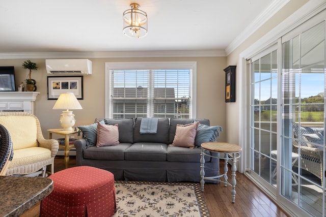 42 Snowberry Dr, Gorham, ME 04038 - living room with an AC wall unit, hardwood / wood-style flooring, ornamental molding, and a chandelier
