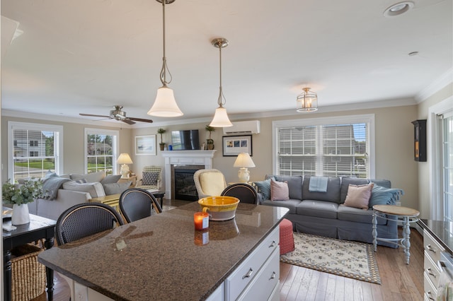 42 Snowberry Dr, Gorham, ME 04038 - kitchen featuring open floor plan, crown molding, light wood-type flooring, a wall mounted AC, and a fireplace with flush hearth