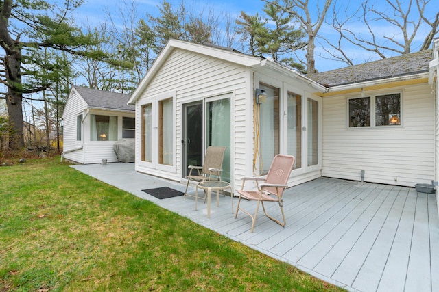 447 Wiscasset Rd, Boothbay, ME 04537 - back of property with a wooden deck and a lawn