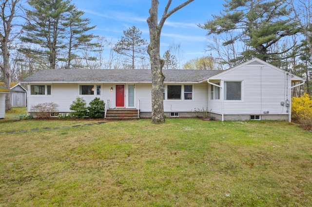 447 Wiscasset Rd, Boothbay, ME 04537 - ranch-style house featuring a front yard, a storage unit, and an outdoor structure
