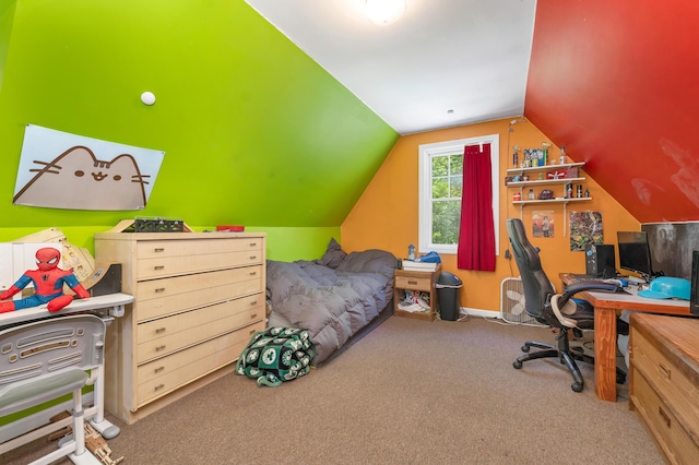 28-30 W Winds Dr, Lebanon, ME 04027 - bedroom featuring carpet flooring, vaulted ceiling, a desk, and baseboards