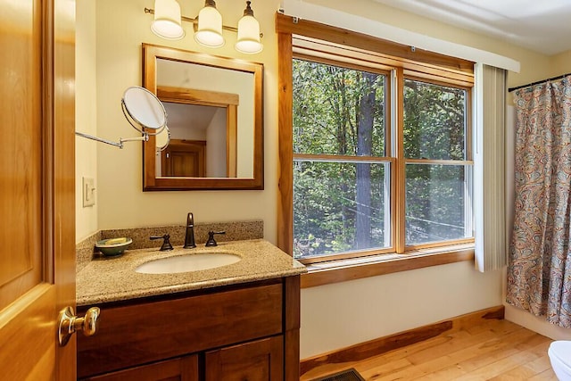 202 Wildewood Ests, Rome, ME 04963 - full bathroom featuring vanity, wood finished floors, curtained shower, and toilet
