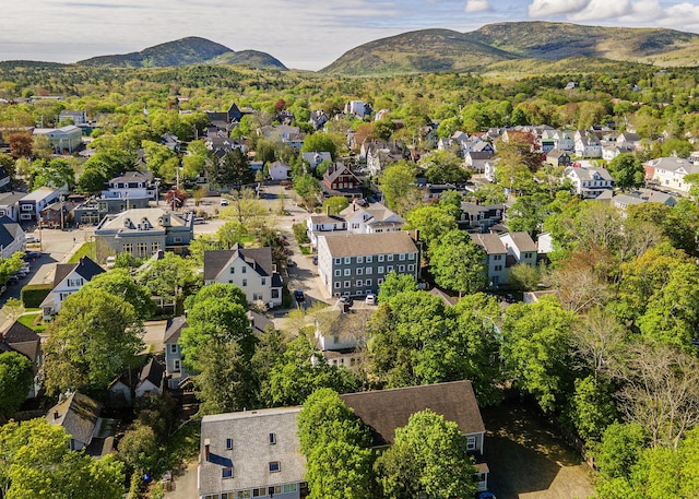 15 Federal St, Bar Harbor, ME 04609 - aerial view of property's location with a mountain backdrop and nearby suburban area