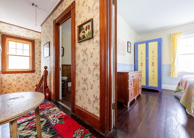 15 Federal St, Bar Harbor, ME 04609 - hall with dark wood-type flooring, a wainscoted wall, wallpapered walls, attic access, and ornamental molding