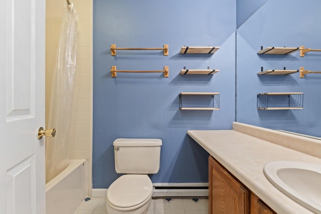 full bath featuring baseboards, tile patterned flooring, a baseboard radiator, vanity, and toilet
