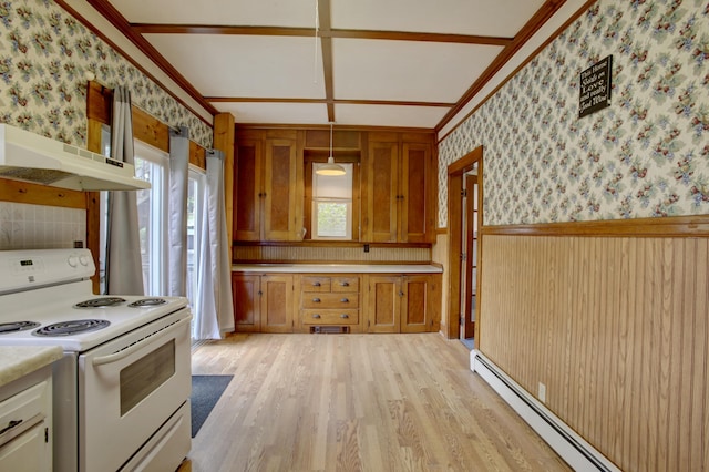 532 Main St, South Portland, ME 04106 - kitchen with white electric stove, wallpapered walls, a baseboard heating unit, light wood-style floors, and light countertops