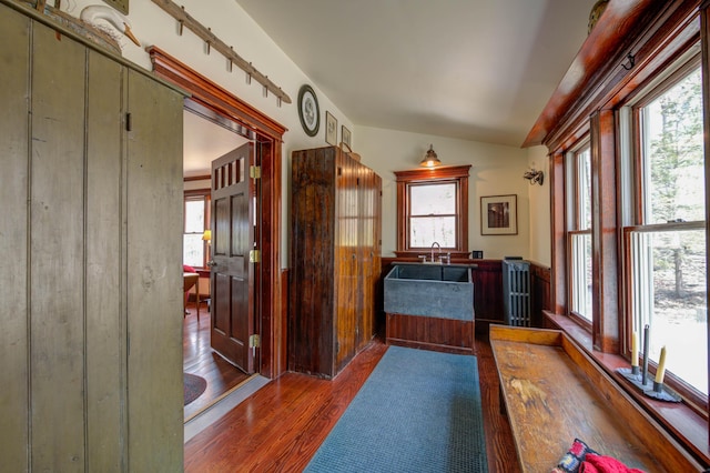 25 Winds Way Dr, Nobleboro, ME 04555 - interior space featuring wood finished floors, vaulted ceiling, and vanity