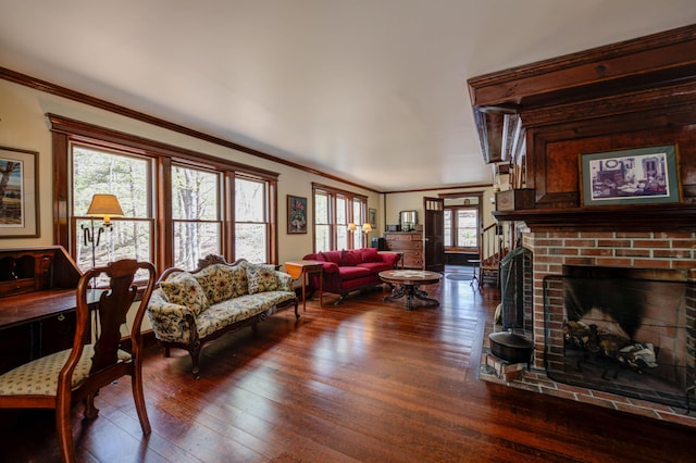 25 Winds Way Dr, Nobleboro, ME 04555 - living area featuring crown molding, hardwood / wood-style flooring, and a fireplace