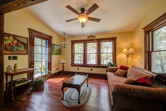 25 Winds Way Dr, Nobleboro, ME 04555 - living room with wood-type flooring, ceiling fan, vaulted ceiling, and baseboards