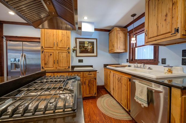25 Winds Way Dr, Nobleboro, ME 04555 - kitchen with appliances with stainless steel finishes, custom range hood, crown molding, dark wood-type flooring, and brown cabinetry