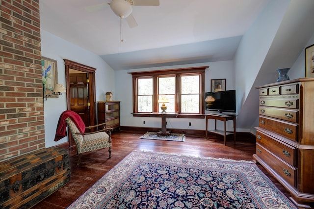 25 Winds Way Dr, Nobleboro, ME 04555 - sitting room with vaulted ceiling, wood finished floors, ceiling fan, and baseboards