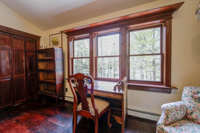 25 Winds Way Dr, Nobleboro, ME 04555 - dining room with baseboard heating, vaulted ceiling, and dark wood-type flooring