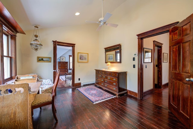 25 Winds Way Dr, Nobleboro, ME 04555 - dining space with a baseboard heating unit, plenty of natural light, dark wood-style flooring, ceiling fan, and vaulted ceiling
