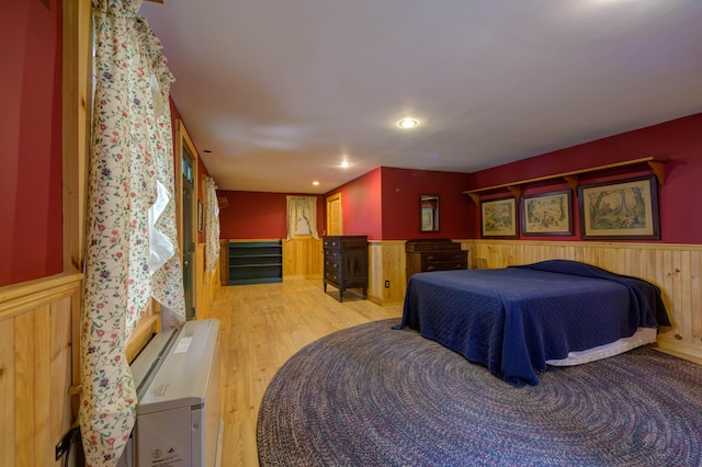 25 Winds Way Dr, Nobleboro, ME 04555 - bedroom featuring wainscoting, wood finished floors, wooden walls, and recessed lighting