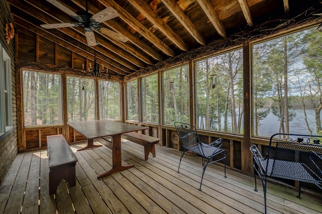 25 Winds Way Dr, Nobleboro, ME 04555 - unfurnished sunroom with a water view, ceiling fan, and vaulted ceiling