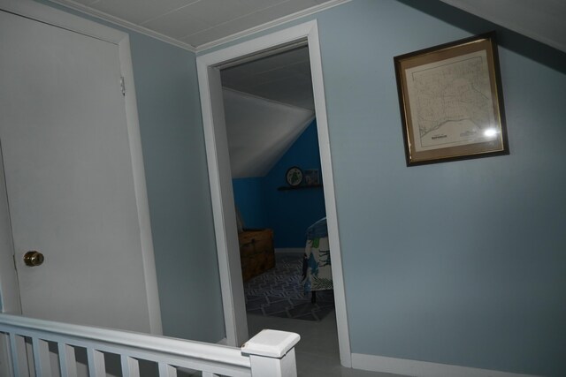 40 Baker St, Bingham, ME 04920 - hallway with baseboards, lofted ceiling, and ornamental molding