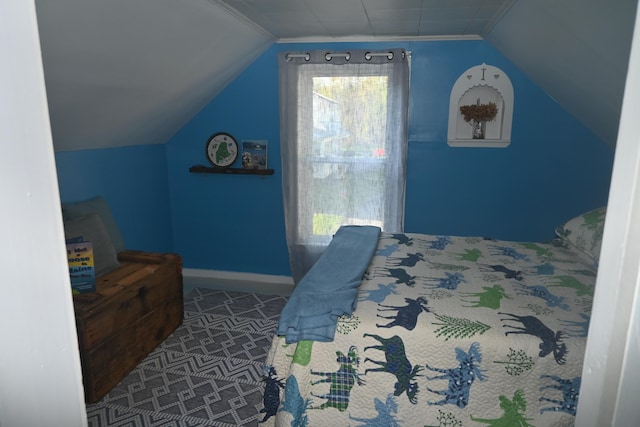 40 Baker St, Bingham, ME 04920 - bedroom with lofted ceiling and carpet flooring