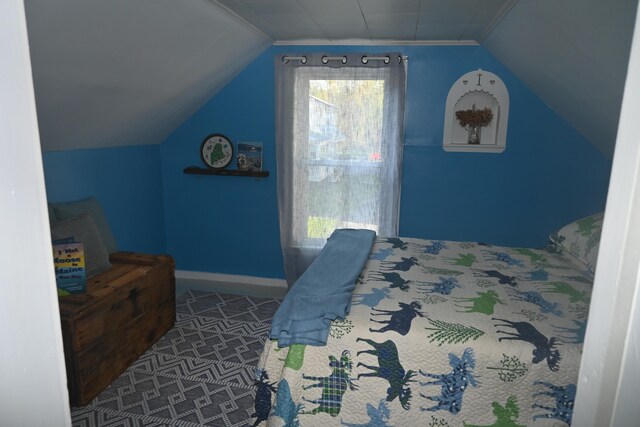 40 Baker St, Bingham, ME 04920 - bedroom featuring carpet flooring, vaulted ceiling, and baseboards