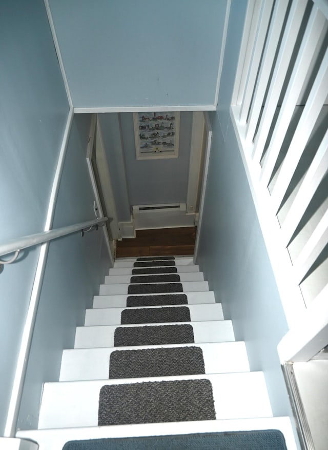 40 Baker St, Bingham, ME 04920 - staircase featuring wood finished floors and a baseboard heating unit