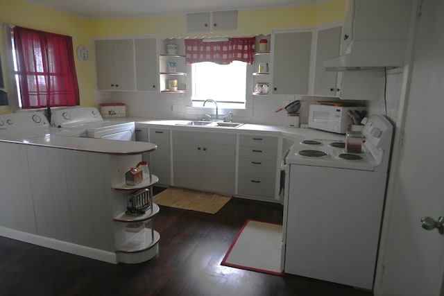 40 Baker St, Bingham, ME 04920 - kitchen with open shelves, white appliances, extractor fan, a sink, and separate washer and dryer