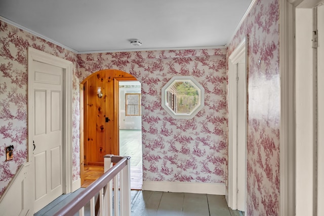691 N Rd, Parsonsfield, ME 04047 - corridor featuring wallpapered walls, arched walkways, tile patterned flooring, an upstairs landing, and baseboards